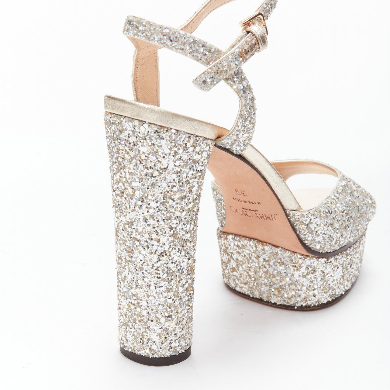 JIMMY CHOO silver glitter open toe ankle strap platform heels EU39 4