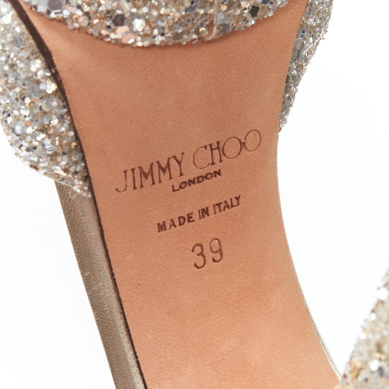 JIMMY CHOO silver glitter open toe ankle strap platform heels EU39 5