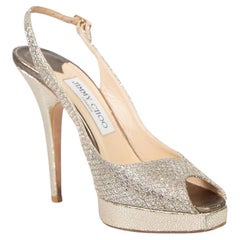 Jimmy Choo Silver Glitter Peep Toe Slingback Heels Size IT 36