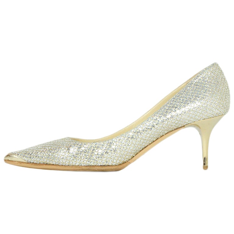 Jimmy Choo Silver Glitter Pointed Toe Pumps sz 39.5 For Sale at 1stDibs