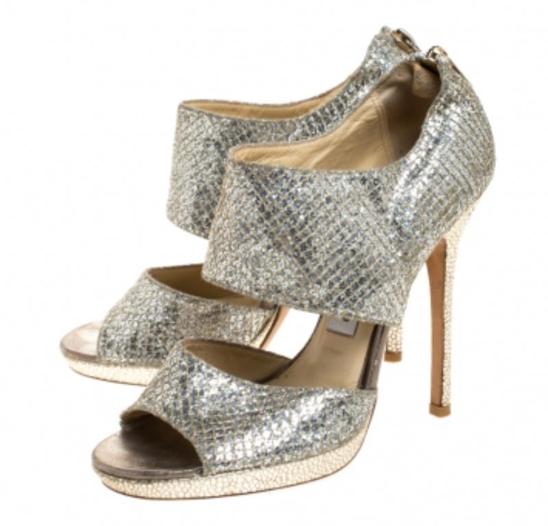 Marron Jimmy Choo - Sandales à plateforme privées et paillettes argentées, taille 37 en vente