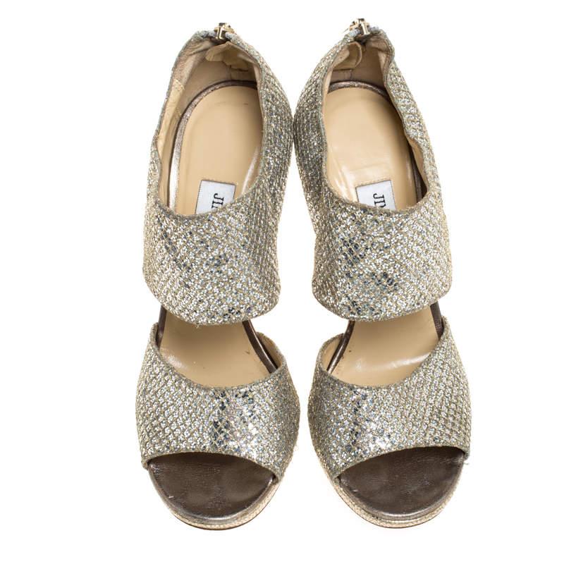 Jimmy Choo Silver Glitter Private Platform Sandals Size 37 For Sale 2