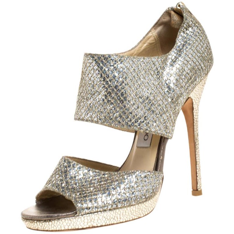 Jimmy Choo Silver Glitter Private Platform Sandals Size 37 For Sale at  1stDibs