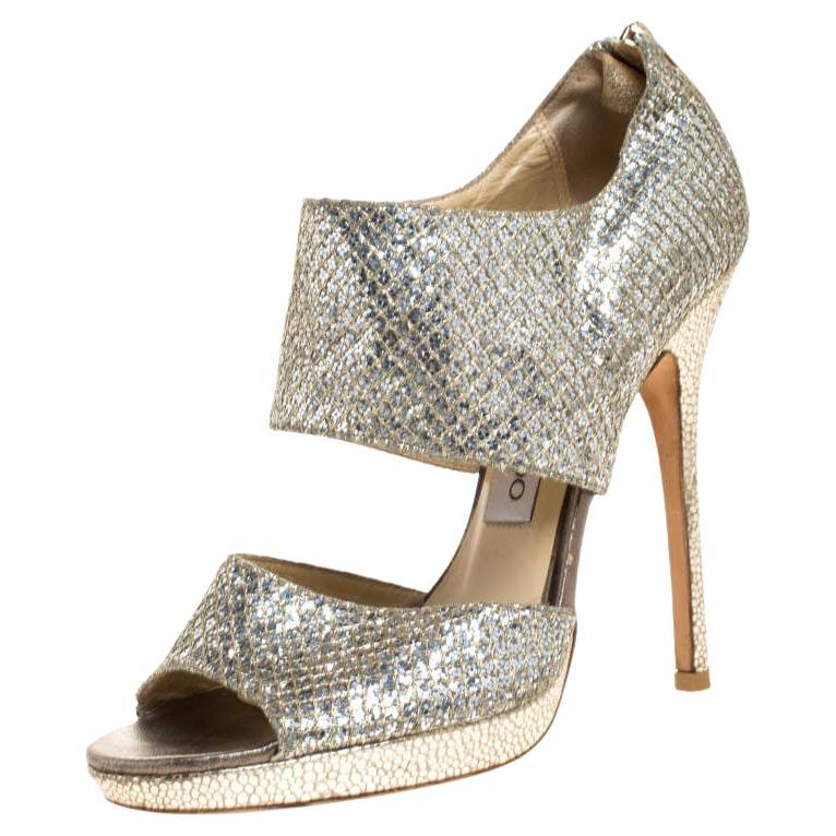 Jimmy Choo Silver Glitter Private Platform Sandals Size 37 For Sale