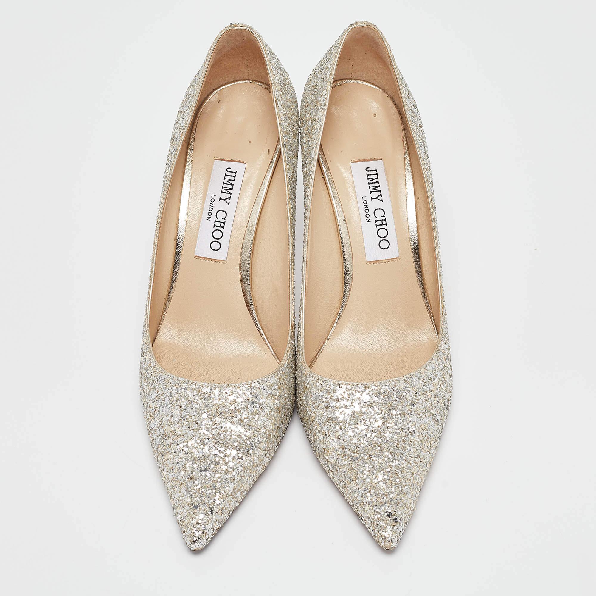 Beige Jimmy Choo Silver Glitter Romi Pumps Taglia 39.5