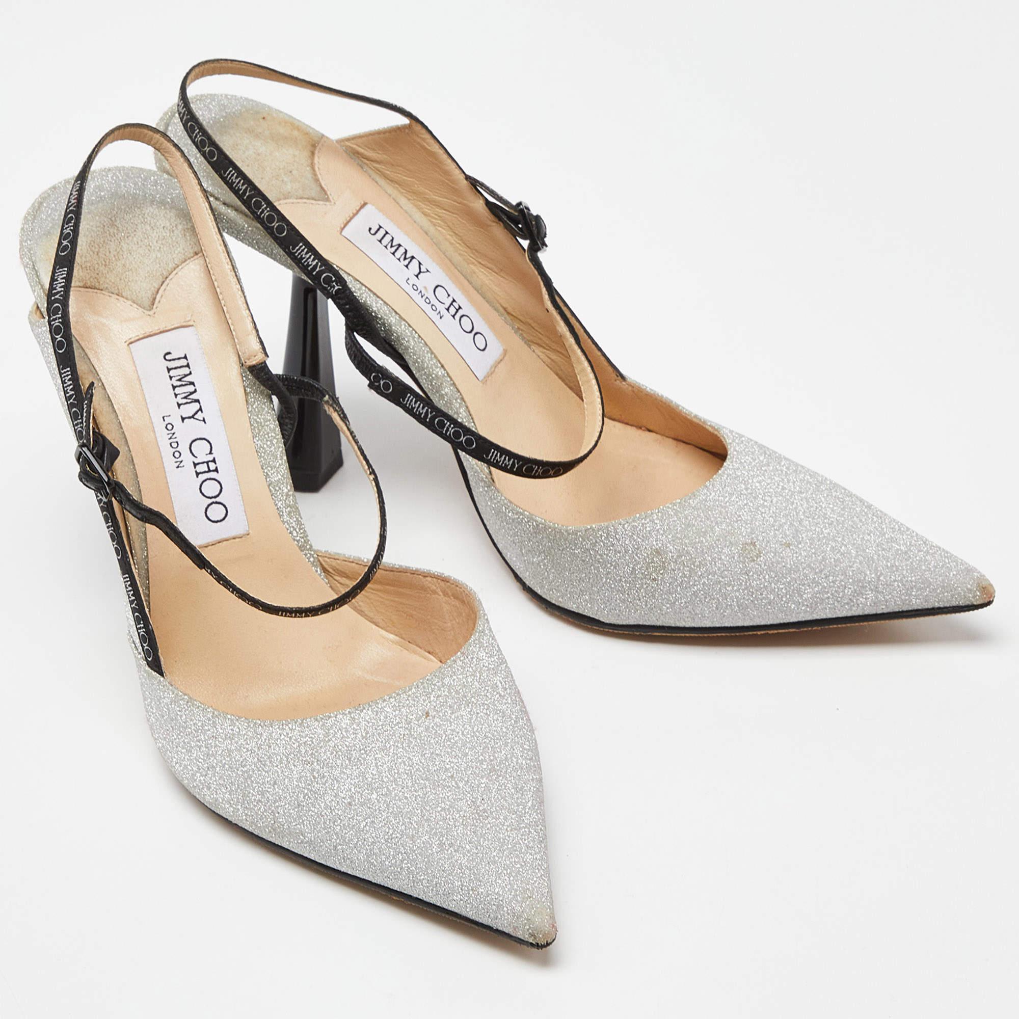 Women's Jimmy Choo Silver Glitter Slingback Pumps Size 37.5 For Sale