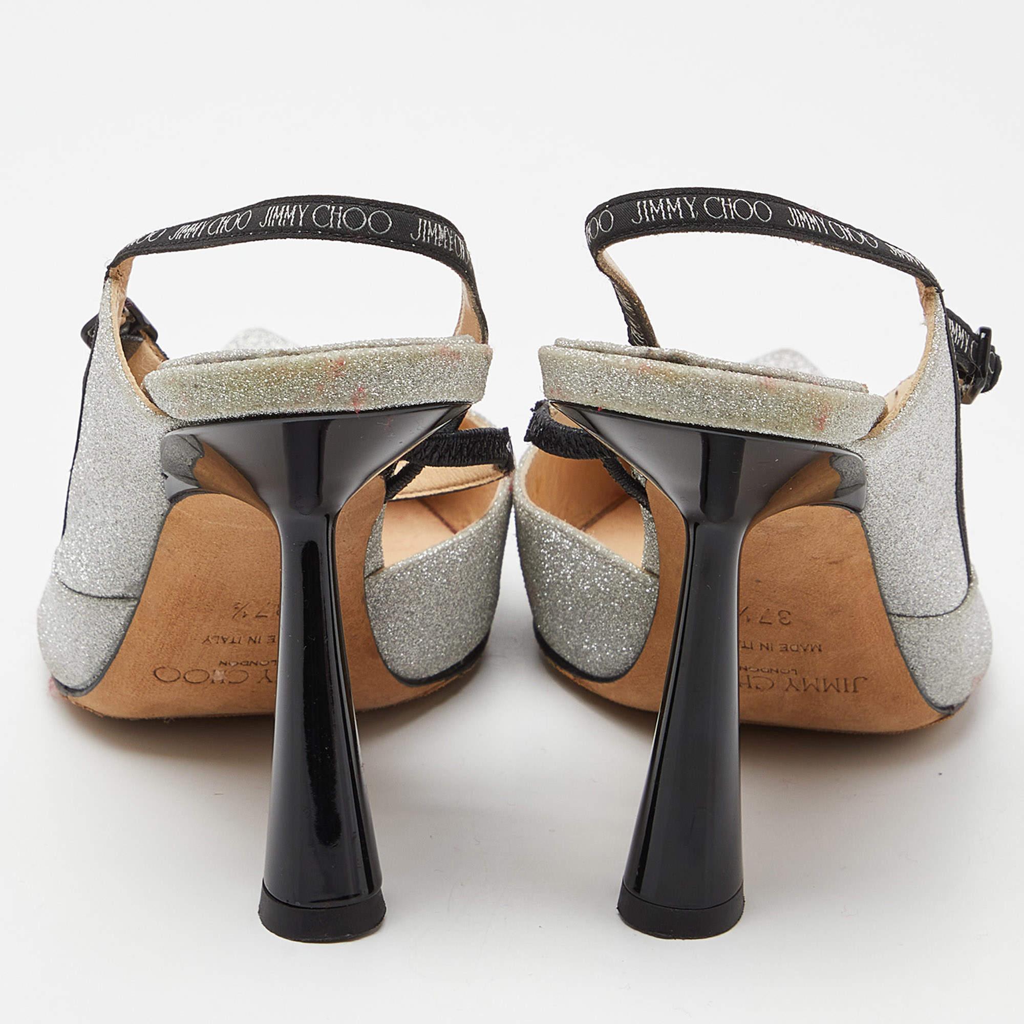 Jimmy Choo Silver Glitter Slingback Pumps Size 37.5 For Sale 1