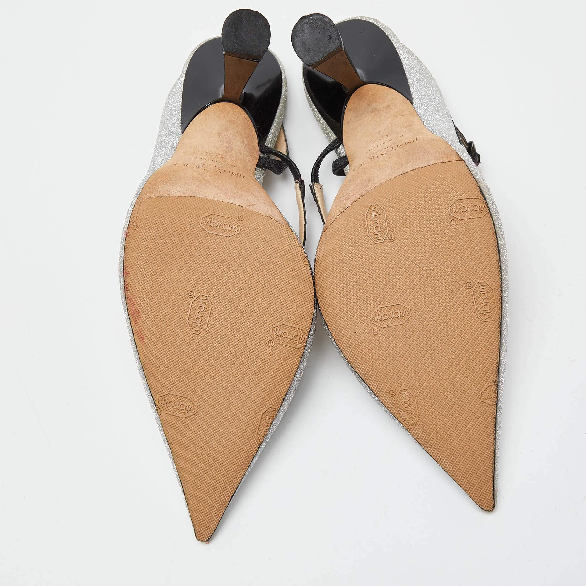 Jimmy Choo Silver Glitter Slingback Pumps Size 37.5 For Sale 2