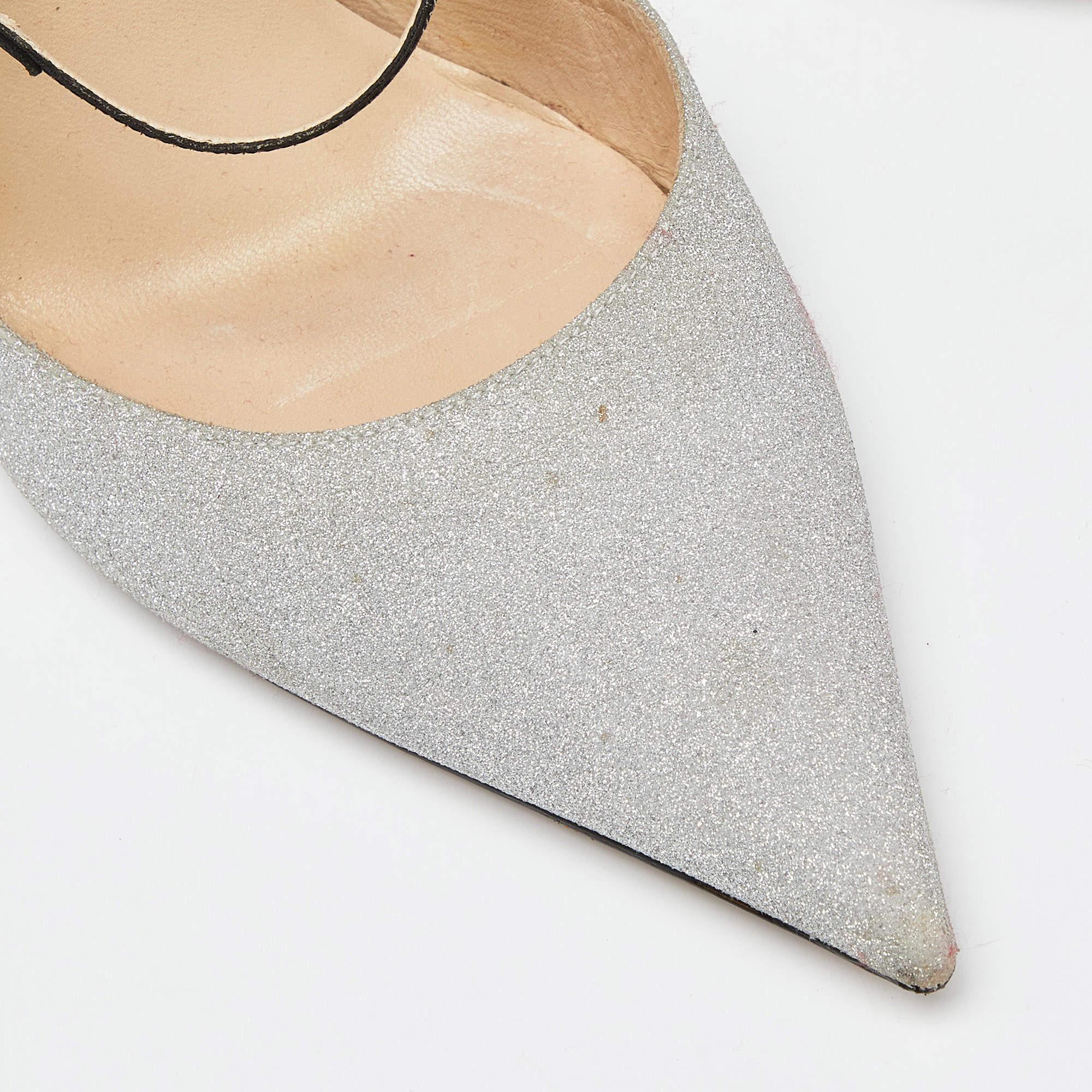 Jimmy Choo Silver Glitter Slingback Pumps Size 37.5 For Sale 3