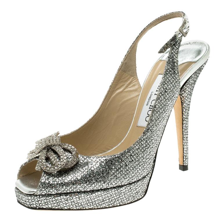 Jimmy Choo Silver Glitters Crystal Embellished Slingback Platform Sandals Size30