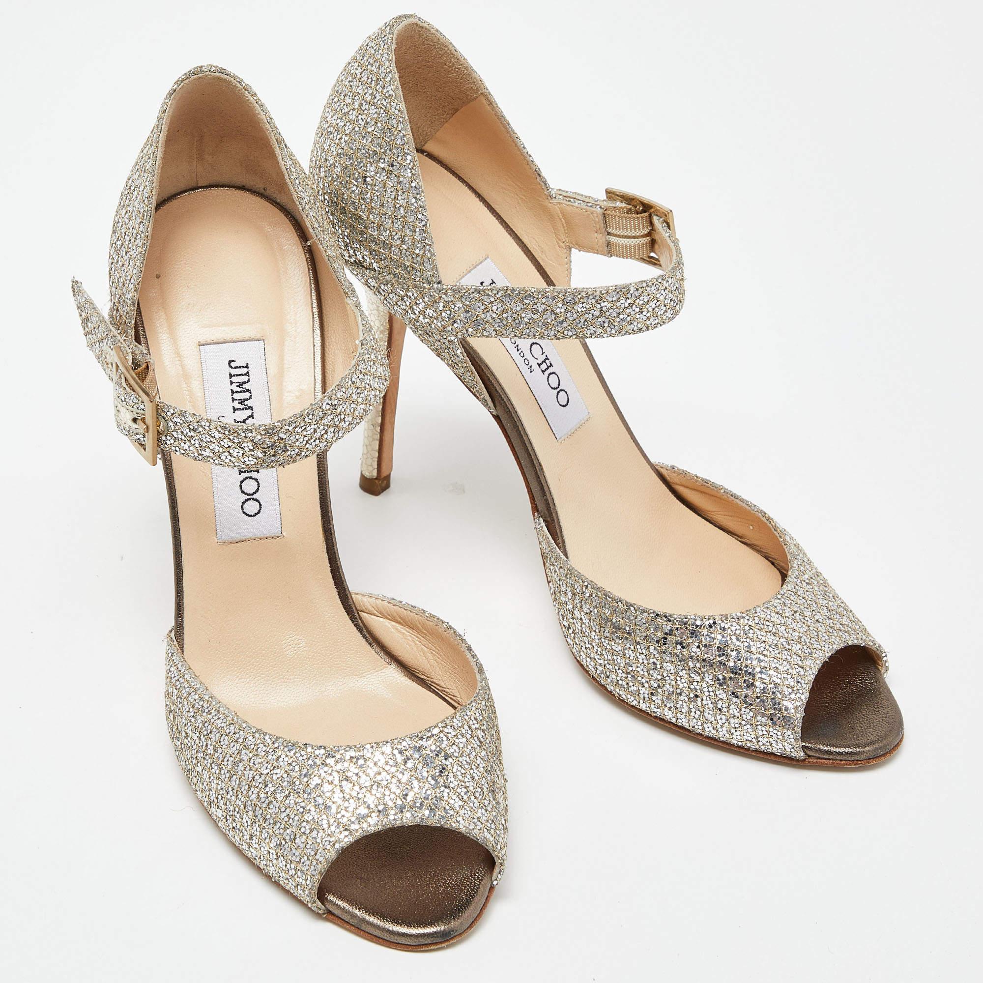 Women's Jimmy Choo Silver/Gold Coarse Glitter Mary Jane Sandals Size 38 For Sale