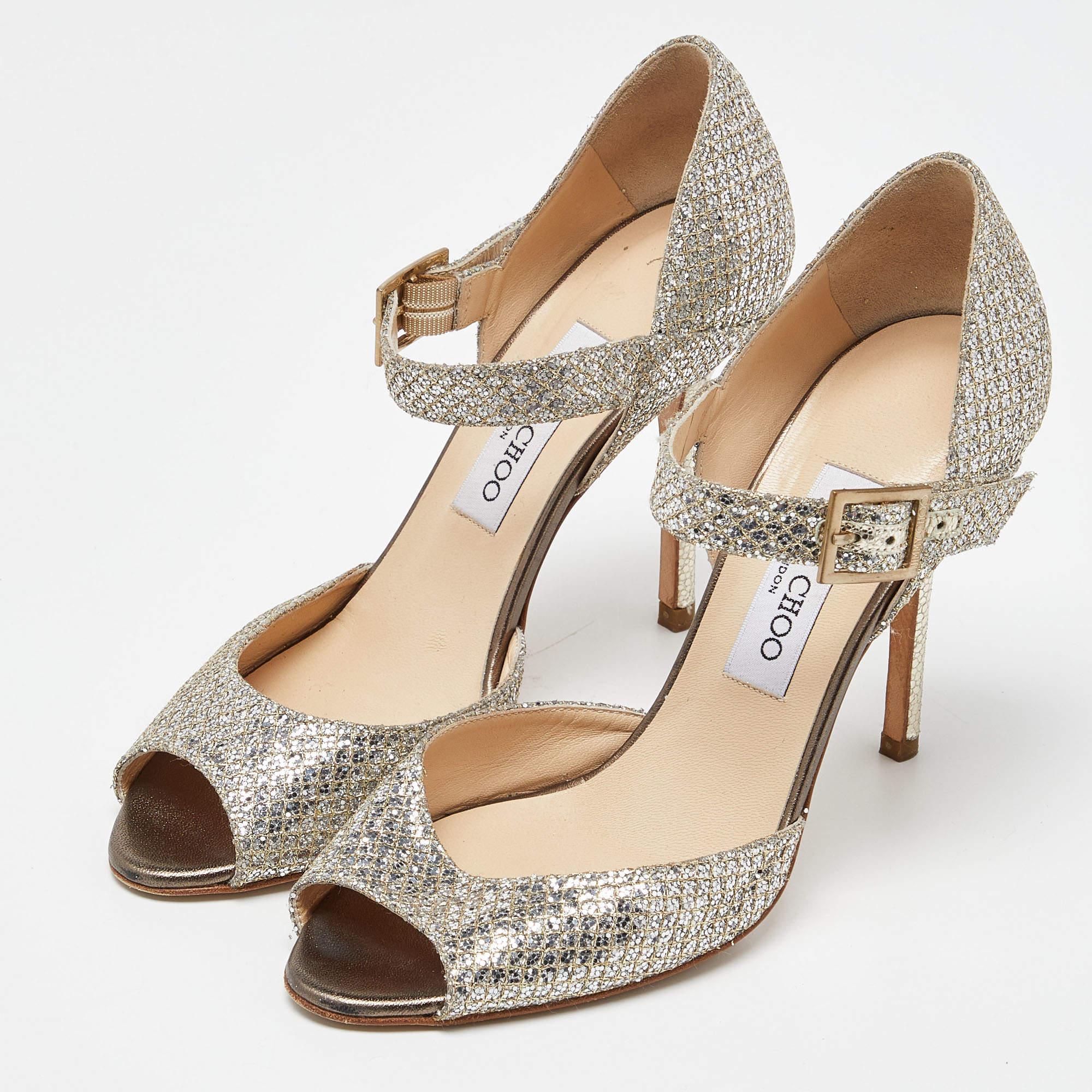 Jimmy Choo Silver/Gold Coarse Glitter Mary Jane Sandals Size 38 For Sale 4