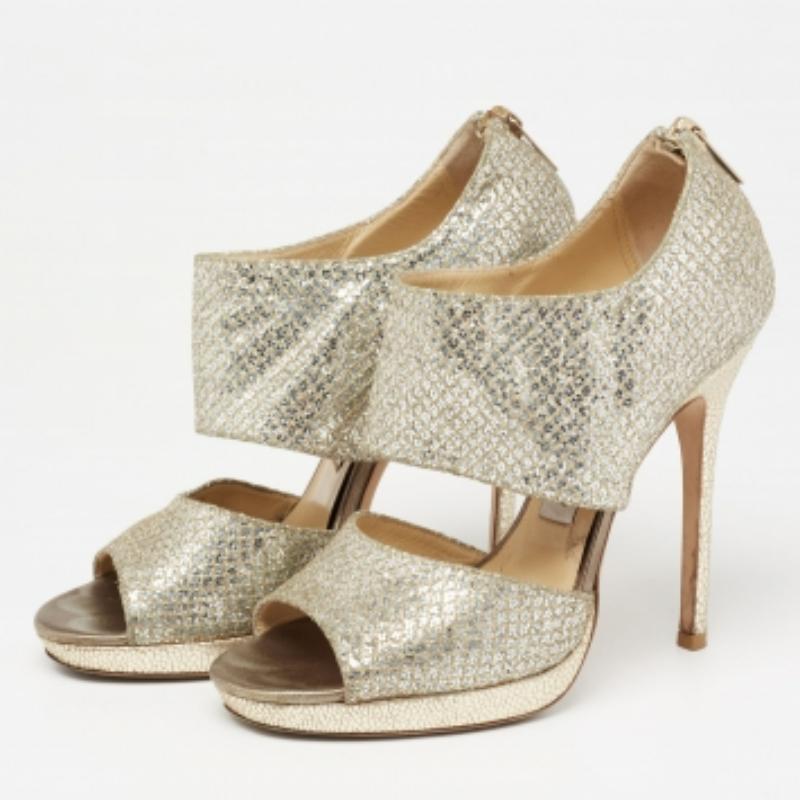 Beige Jimmy Choo Silver/Gold Coarse Glitter Private Platform Sandals Size 37 For Sale