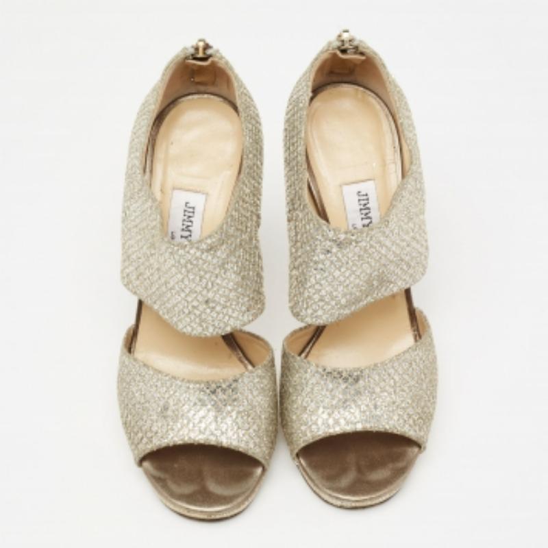Women's Jimmy Choo Silver/Gold Coarse Glitter Private Platform Sandals Size 37 For Sale
