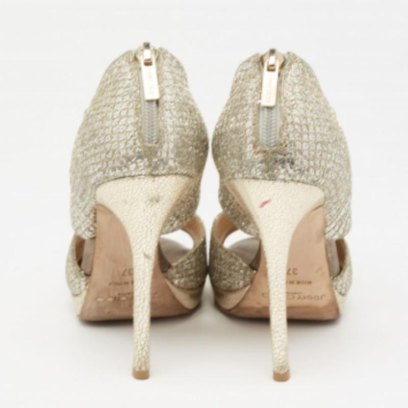 Jimmy Choo Silver/Gold Coarse Glitter Private Platform Sandals Size 37 For Sale 1