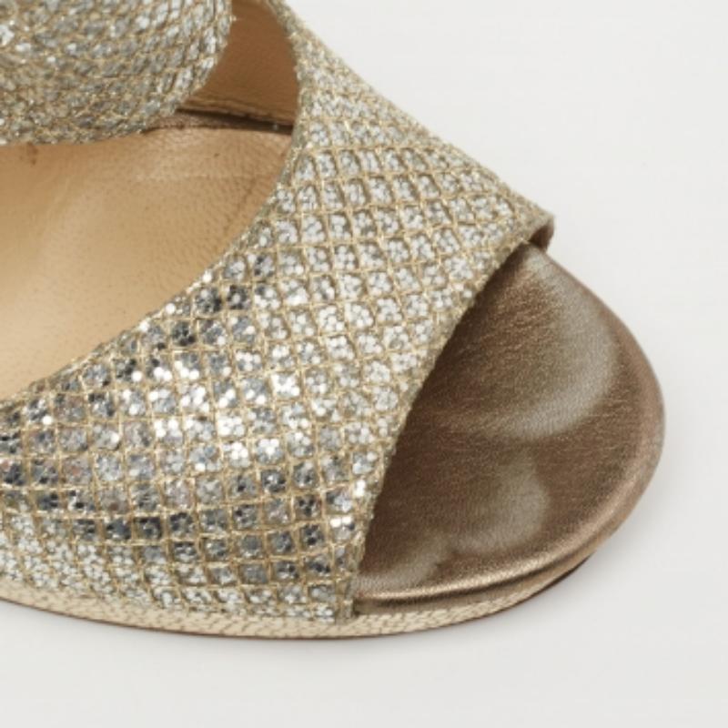 Jimmy Choo Silver/Gold Coarse Glitter Private Platform Sandals Size 37 For Sale 3