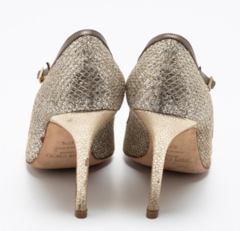 Jimmy Choo Silber/Gold Glitter And Leder Mary Jane Pumps Größe 37,5 (Braun) im Angebot