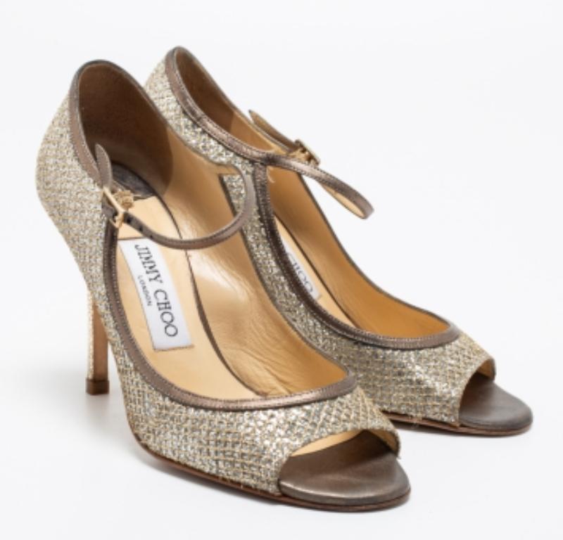 Jimmy Choo Silber/Gold Glitter And Leder Mary Jane Pumps Größe 37,5 im Angebot 1
