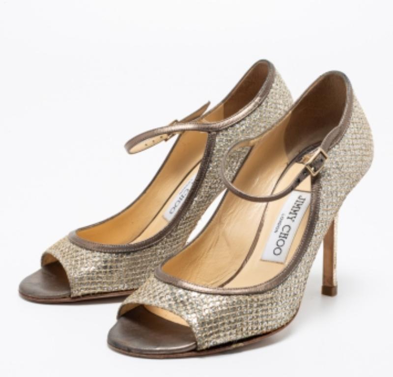 Jimmy Choo Silber/Gold Glitter And Leder Mary Jane Pumps Größe 37,5 im Angebot 3