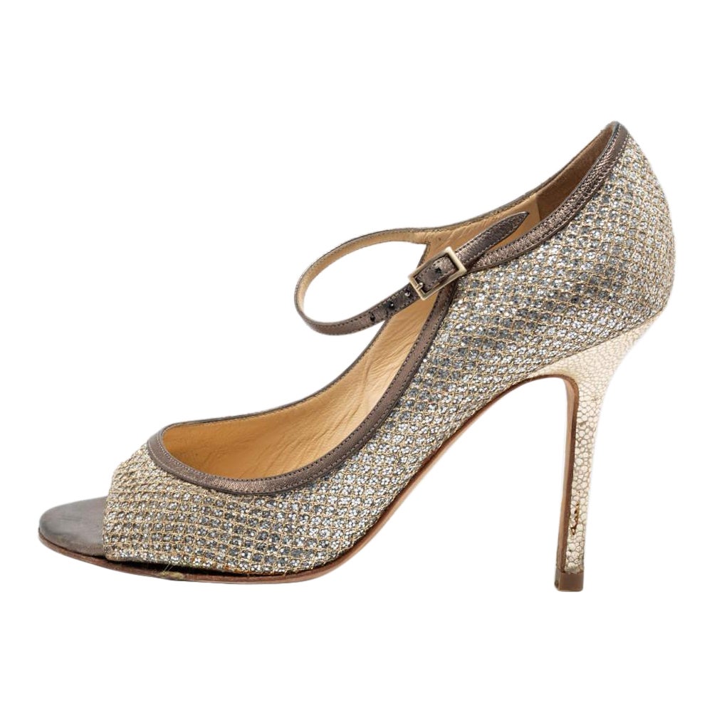 Jimmy Choo Silver/Gold Glitter And Leather Mary Jane Pumps Size 37.5