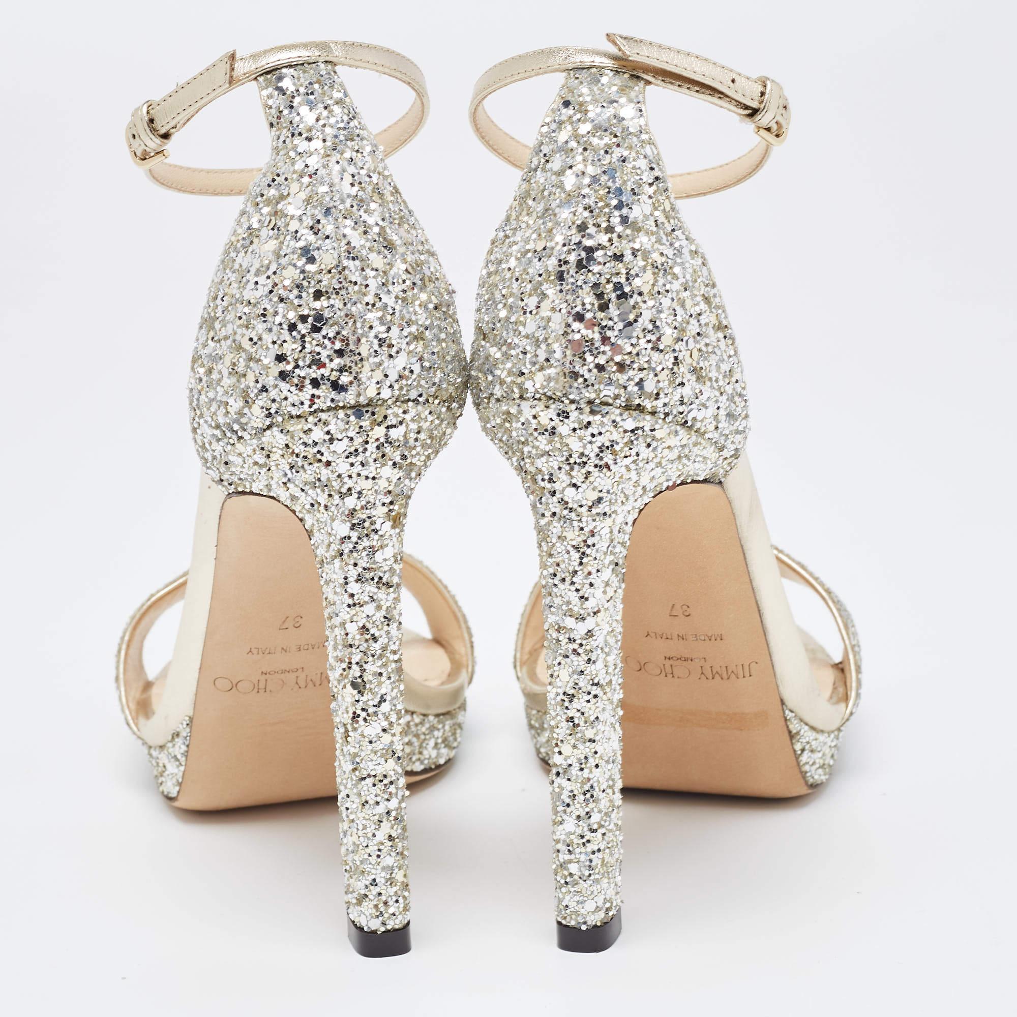 Jimmy Choo Silver/Gold Glitter and Leather Misty Ankle Strap Sandals Size 37 In Good Condition In Dubai, Al Qouz 2
