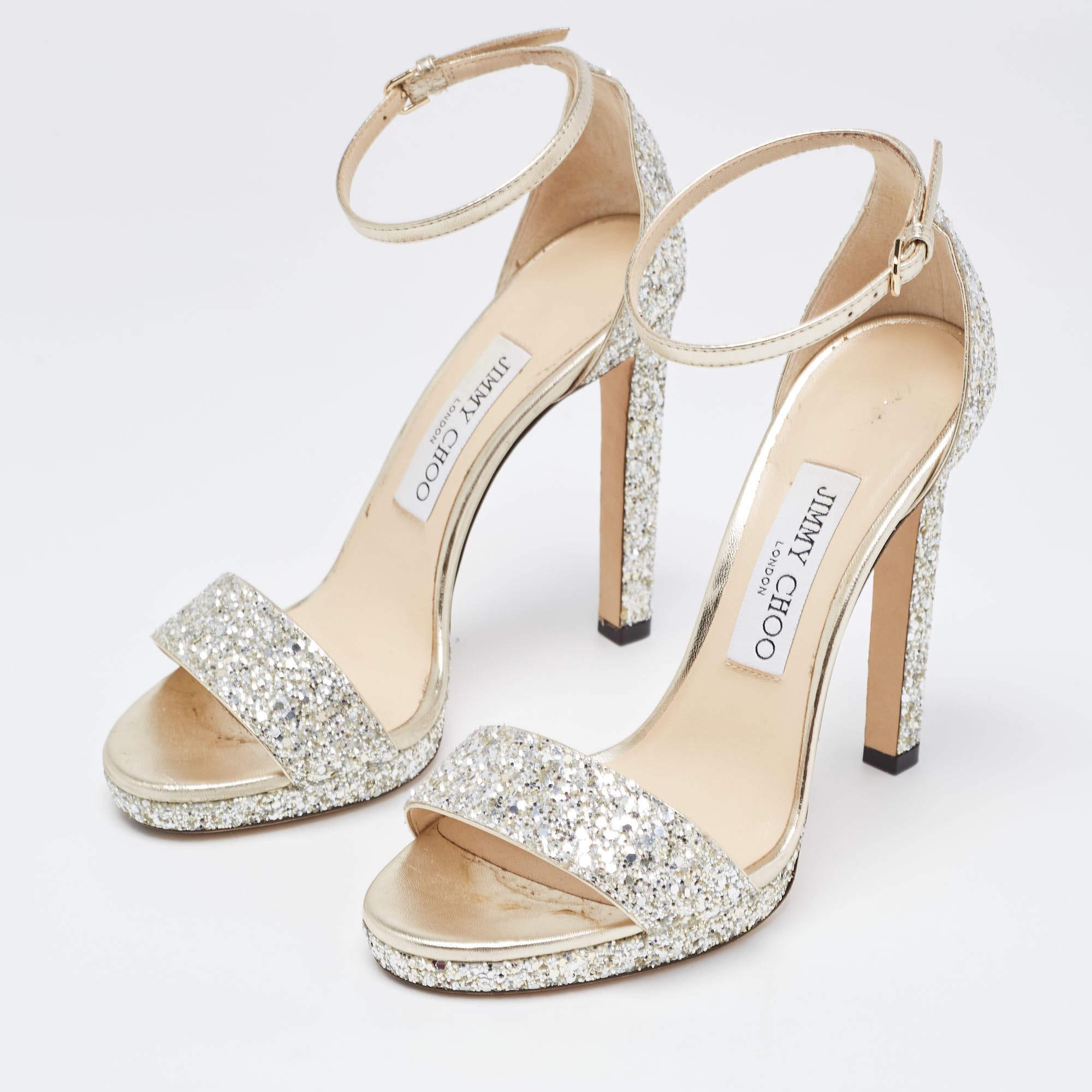 Women's Jimmy Choo Silver/Gold Glitter and Leather Misty Ankle Strap Sandals Size 37
