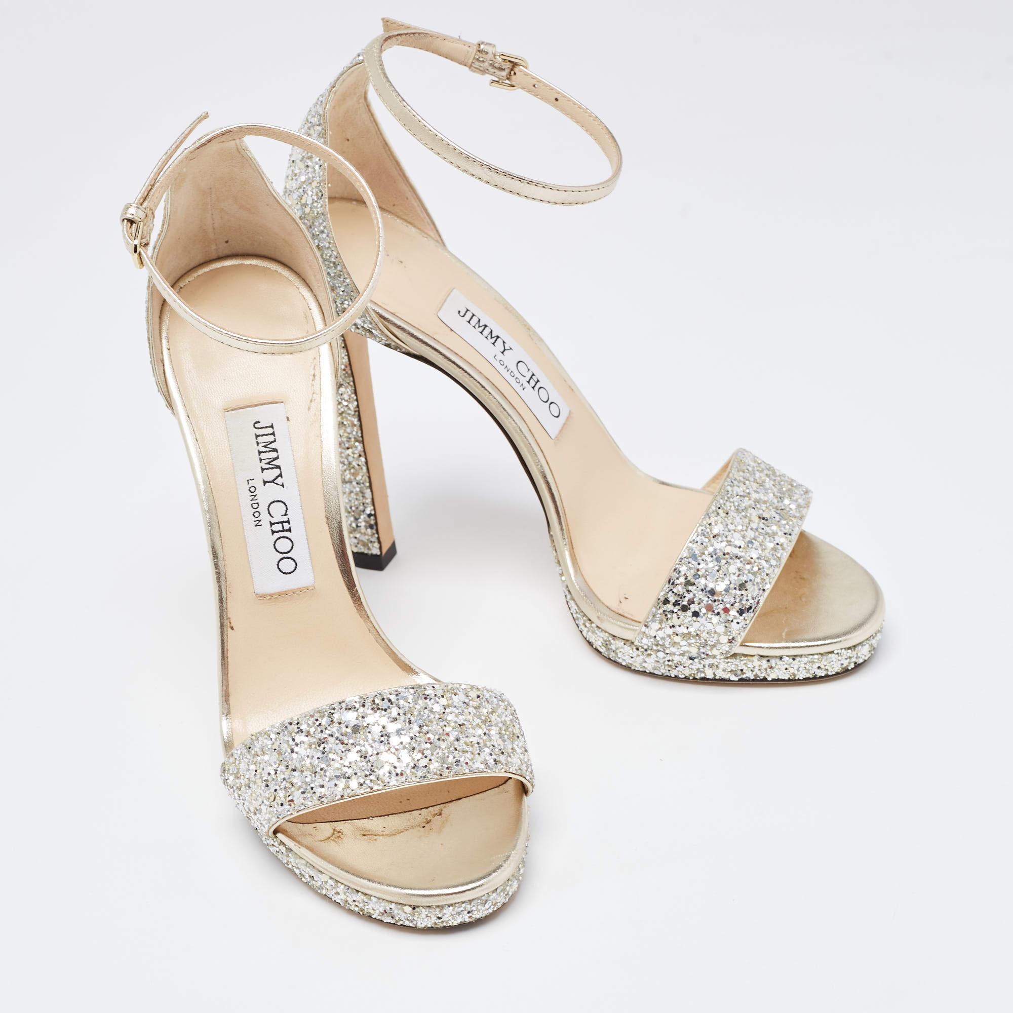 Jimmy Choo Silver/Gold Glitter and Leather Misty Ankle Strap Sandals Size 37 1