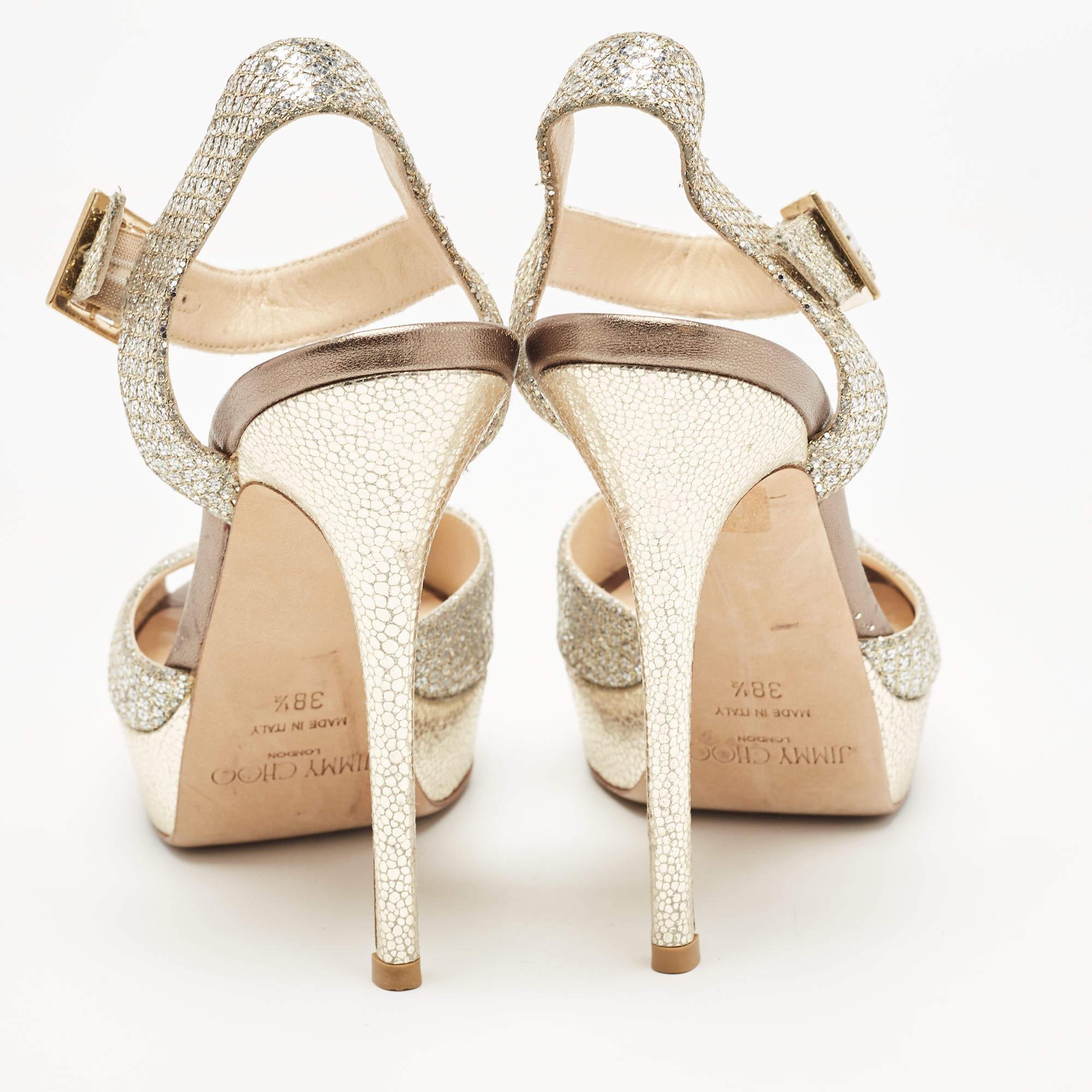 Jimmy Choo Silver/Gold Glitter and Leather Platform Ankle Strap Sandals Size 38. For Sale 3