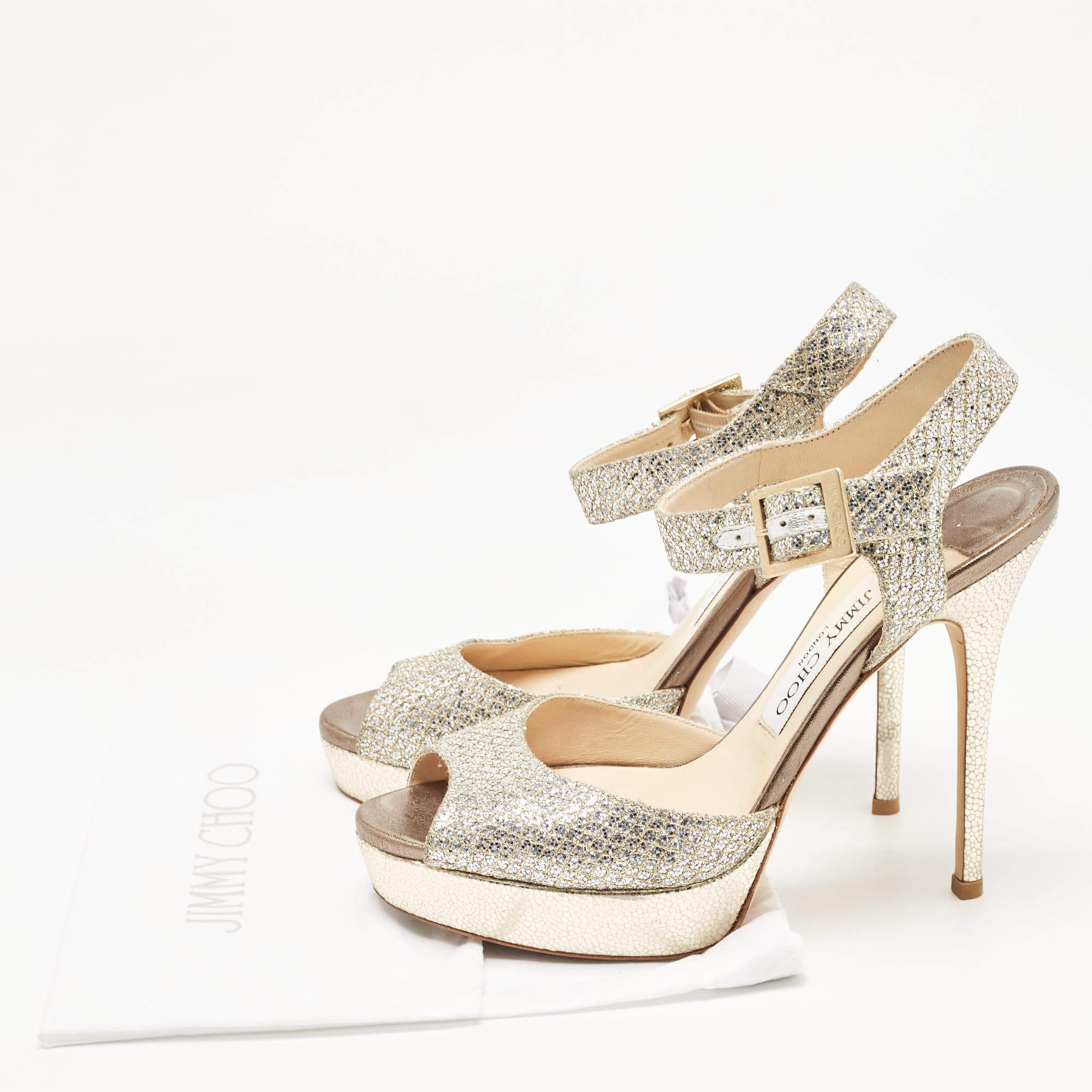 Jimmy Choo Silver/Gold Glitter and Leather Platform Ankle Strap Sandals Size 38. For Sale 5