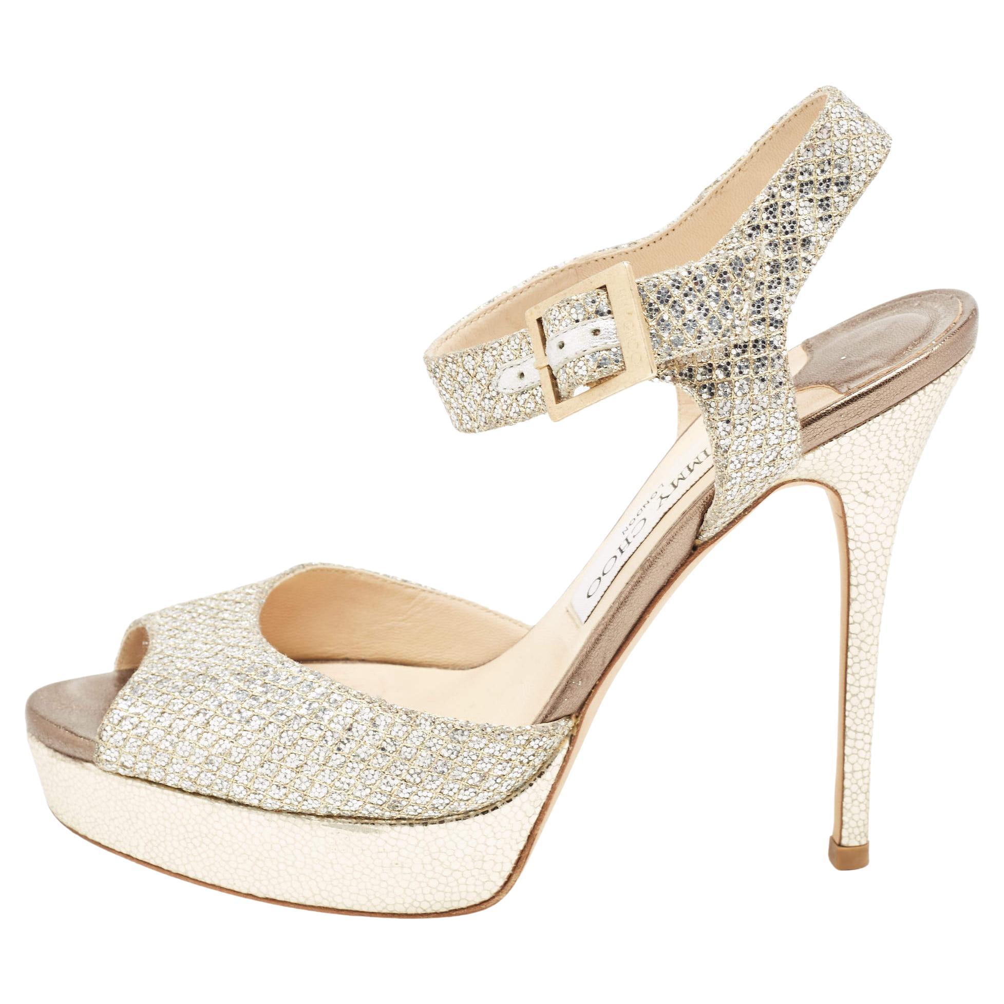 Jimmy Choo Silver/Gold Glitter and Leather Platform Ankle Strap Sandals Size 38. For Sale