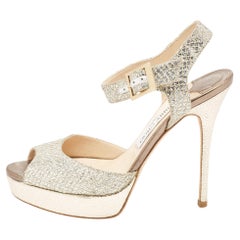 Jimmy Choo Silver/Gold Glitter and Leather Platform Ankle Strap Sandals Size 38.