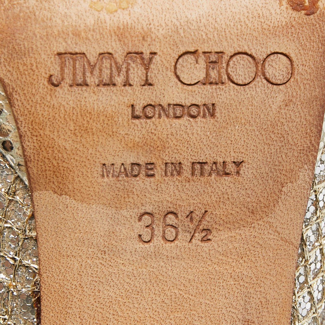 Jimmy Choo Silver/Gold Glitter Fabric Platform Pumps Size 36.5 For Sale 1