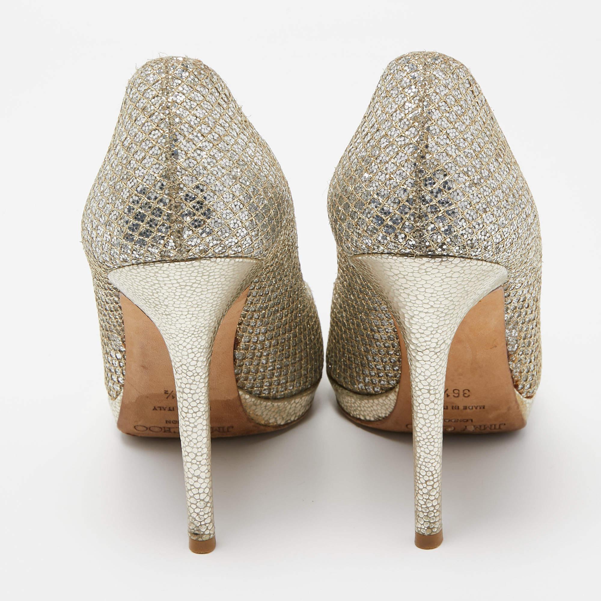 Jimmy Choo Silver/Gold Glitter Fabric Platform Pumps Size 36.5 For Sale 3