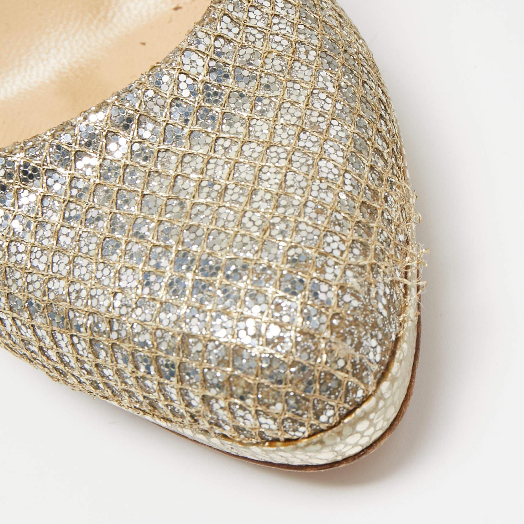 Jimmy Choo Silver/Gold Glitter Fabric Platform Pumps Size 36.5 For Sale 4