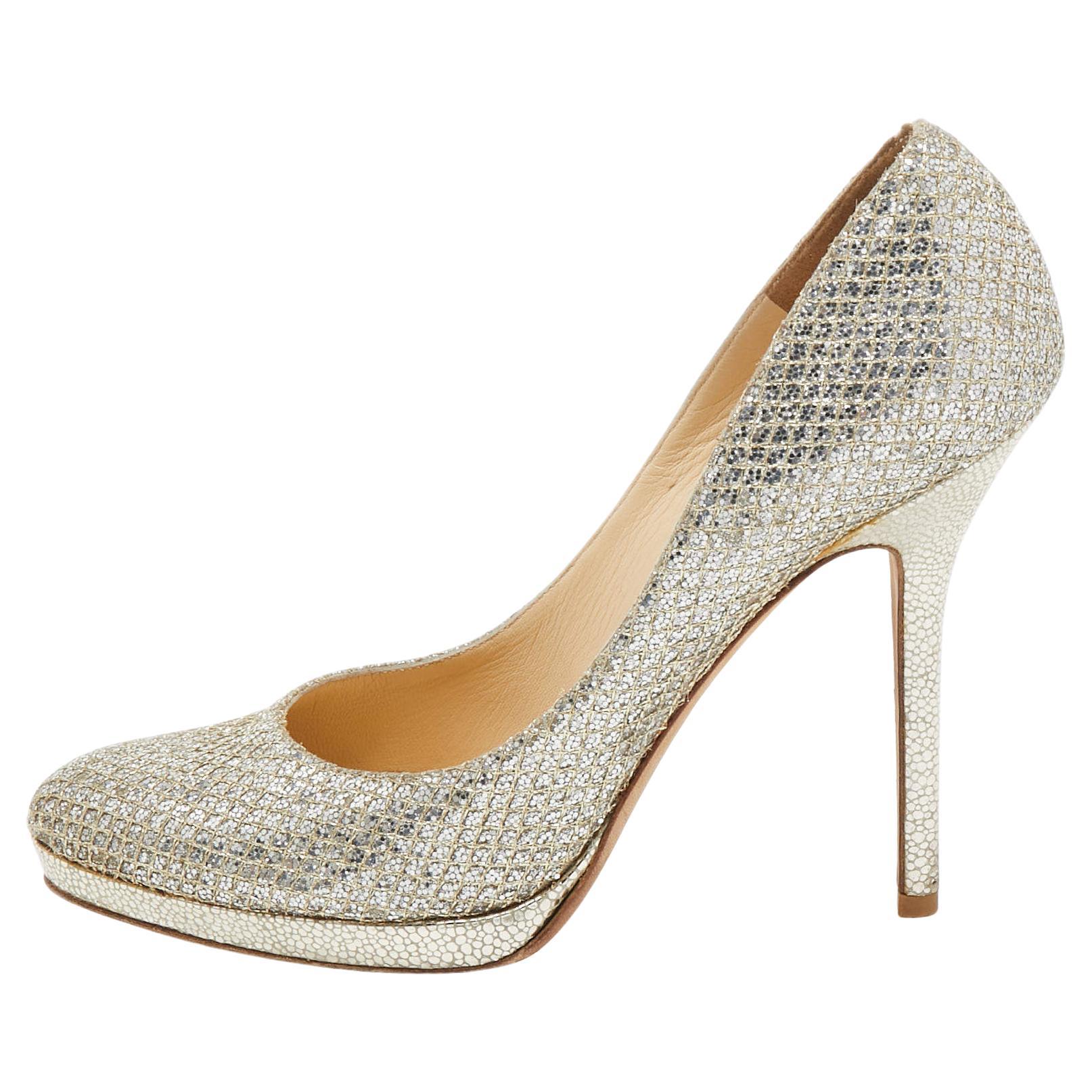 Jimmy Choo Silver/Gold Glitter Fabric Platform Pumps Size 36.5 For Sale