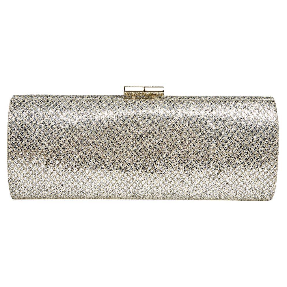 Jimmy Choo Silver/Gold Glitter Fabric Twill Tube Clutch