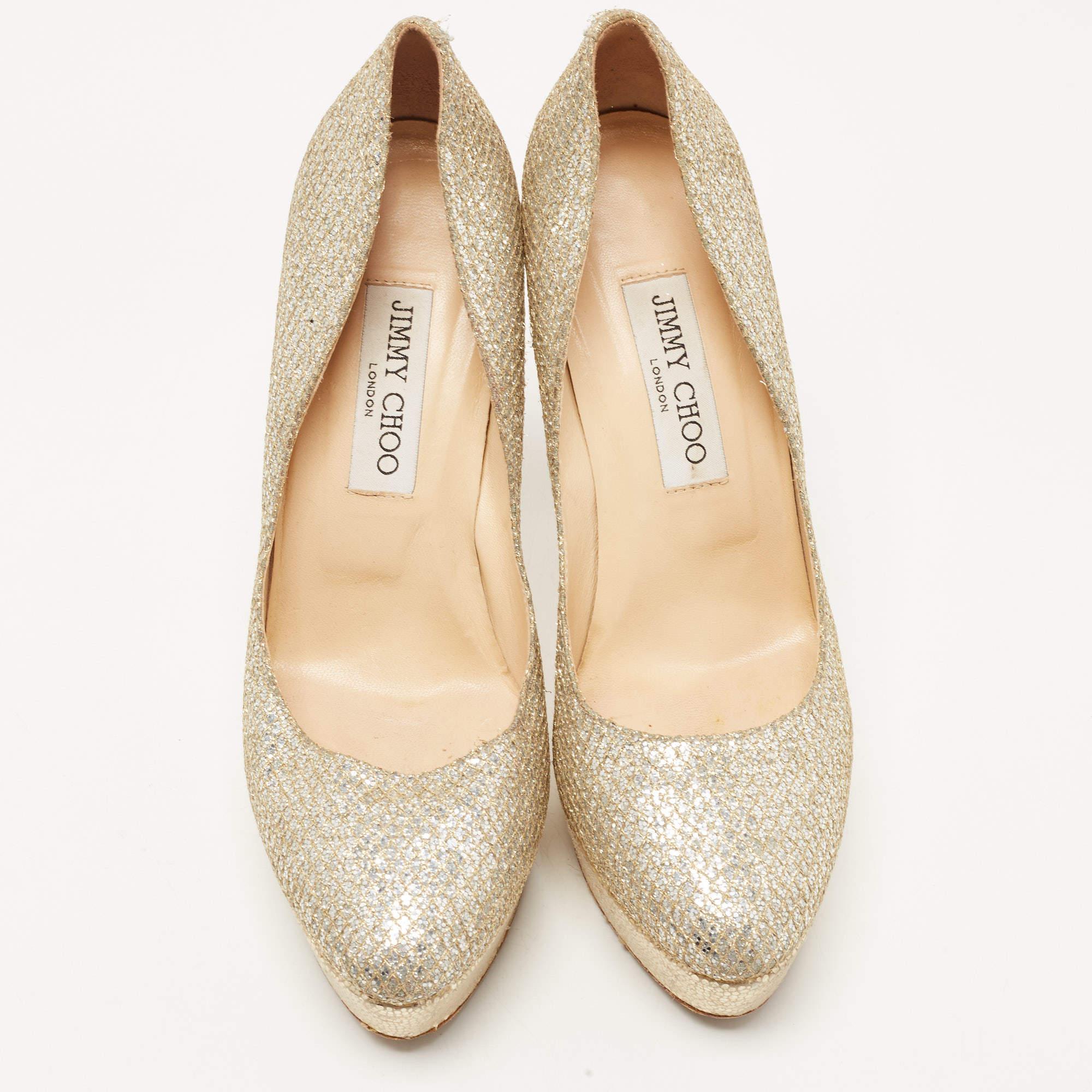 Beige Jimmy Choo escarpins Alex à plateforme en tissu lurex argenté/or, taille 39 en vente