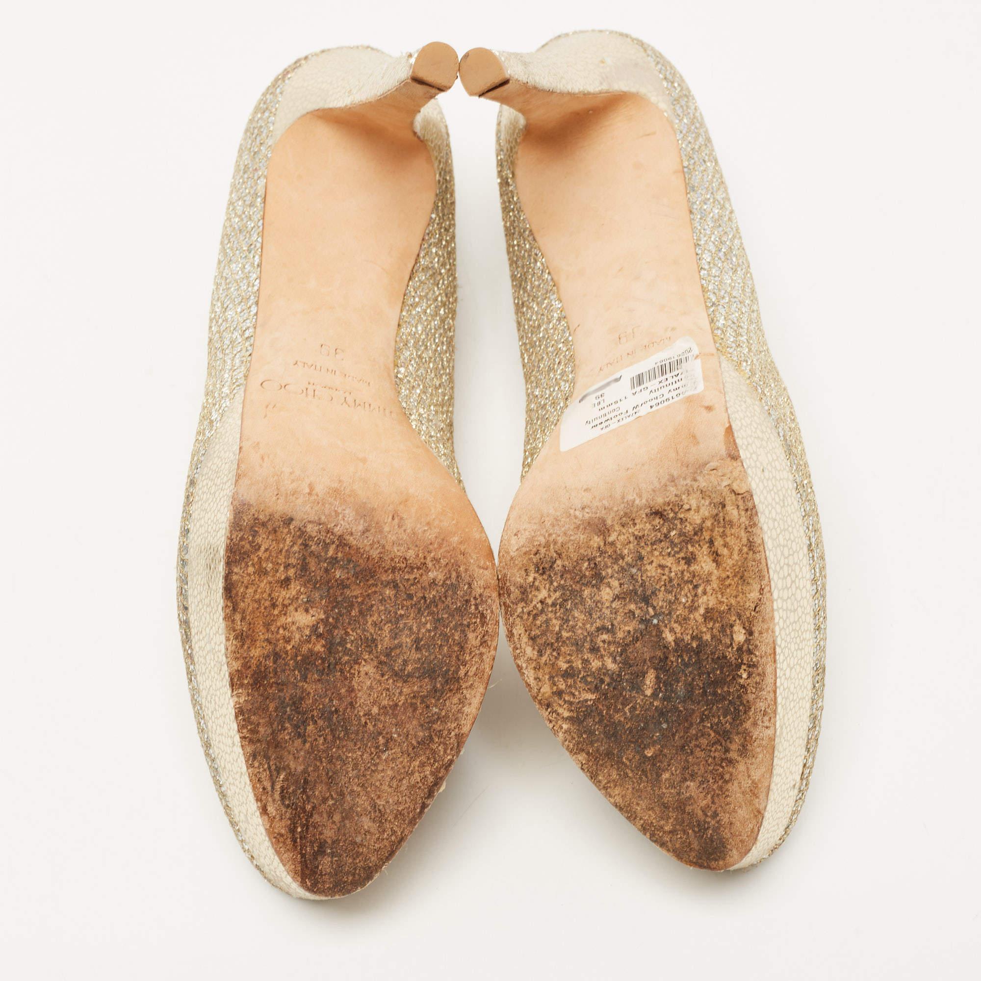 Jimmy Choo escarpins Alex à plateforme en tissu lurex argenté/or, taille 39 en vente 1