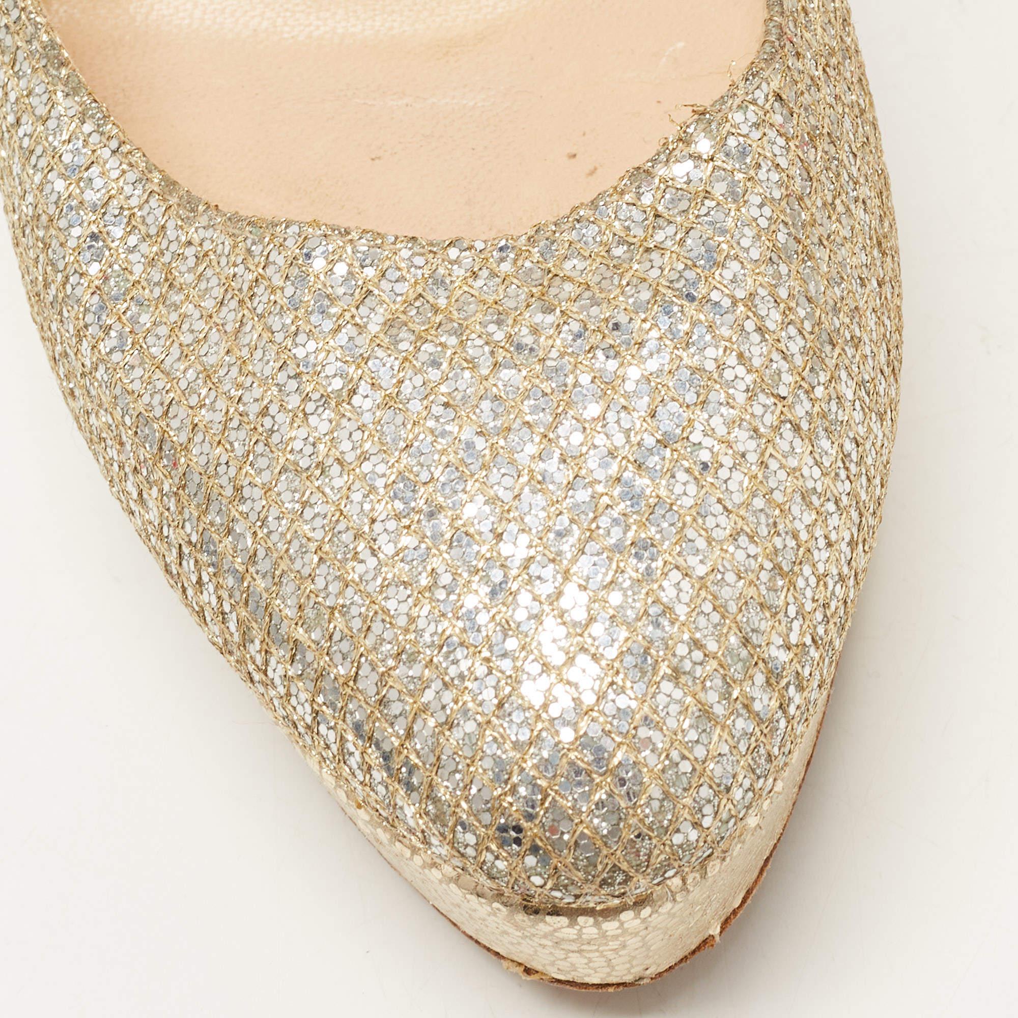 Jimmy Choo escarpins Alex à plateforme en tissu lurex argenté/or, taille 39 en vente 2