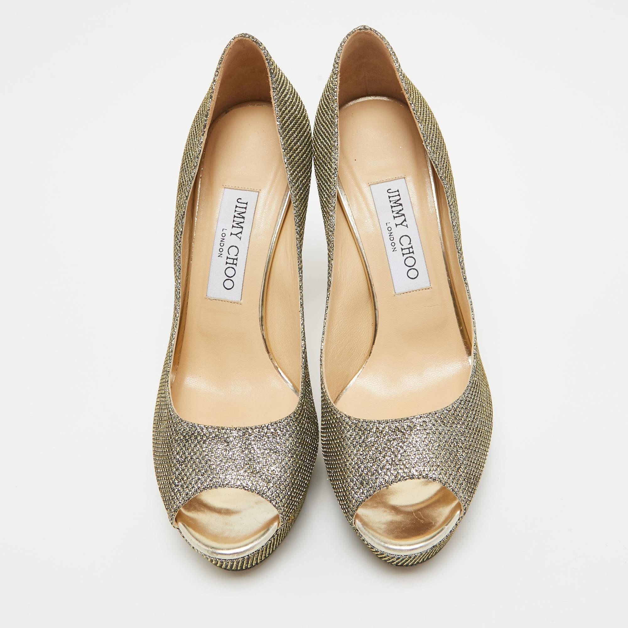 Brown Jimmy Choo Silver/Gold Lurex Fabric Dahlia Peep Toe Pumps Size 38 For Sale