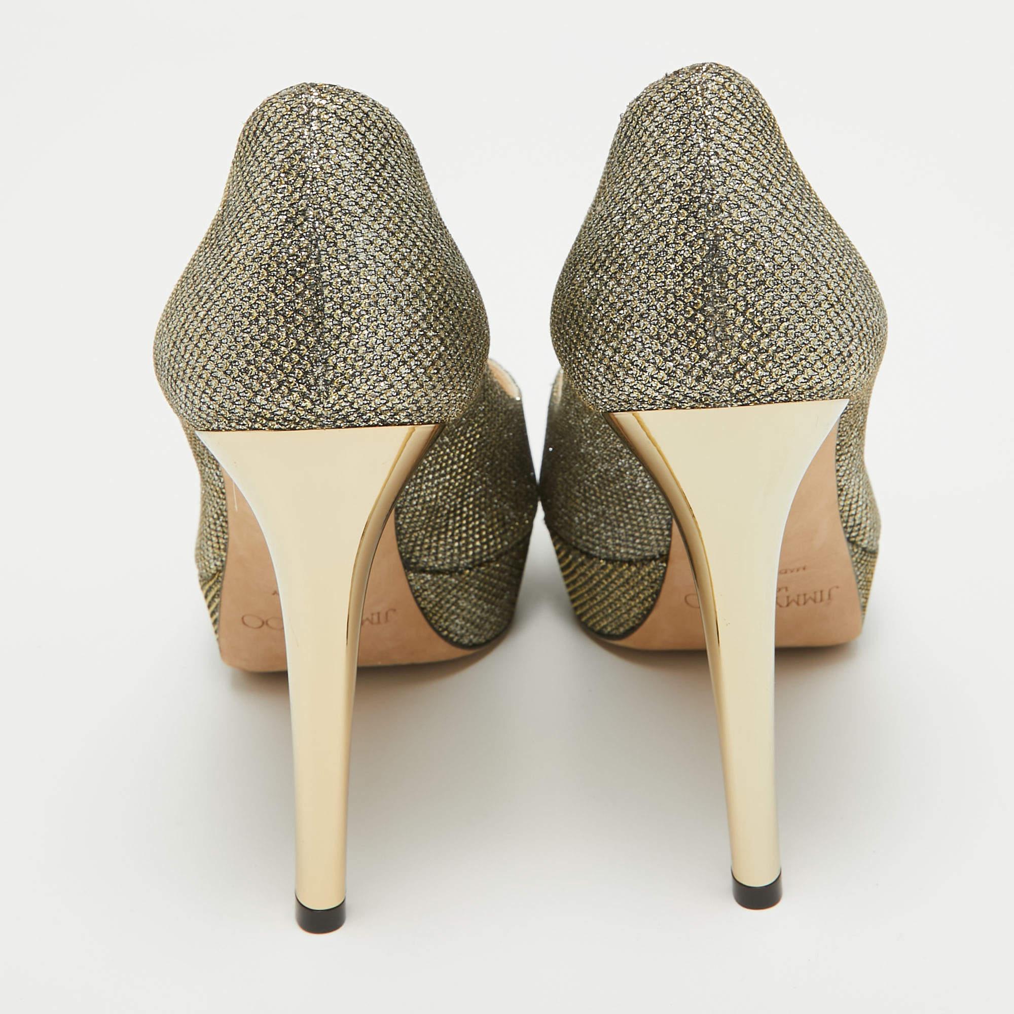Women's Jimmy Choo Silver/Gold Lurex Fabric Dahlia Peep Toe Pumps Size 38 For Sale