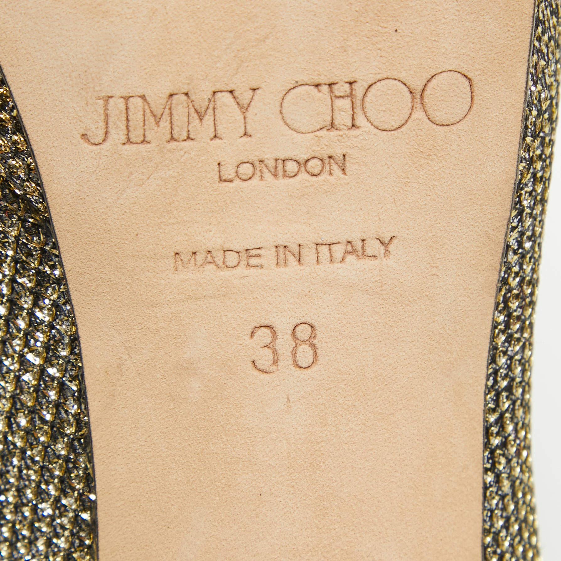 Jimmy Choo Silver/Gold Lurex Fabric Dahlia Peep Toe Pumps Size 38 For Sale 3
