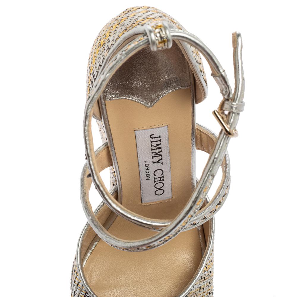 Beige Jimmy Choo Silver/Gold Woven Leather Alanah Wedge Ankle-Strap Sandals Size 37