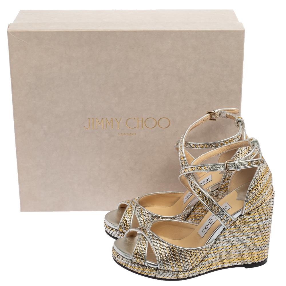 Women's Jimmy Choo Silver/Gold Woven Leather Alanah Wedge Ankle-Strap Sandals Size 37