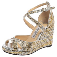 Jimmy Choo Silver/Gold Woven Leather Alanah Wedge Ankle-Strap Sandals Size 37