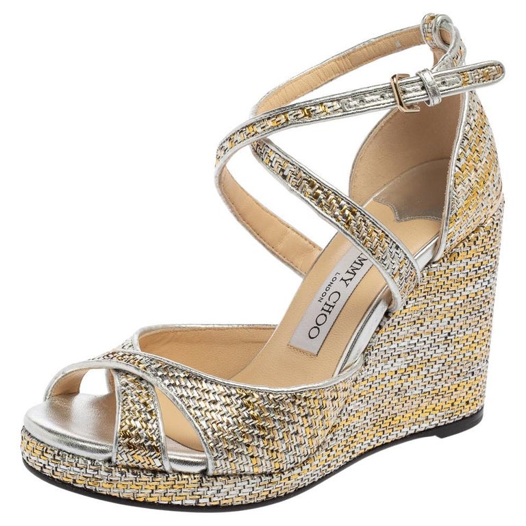 Jimmy Choo Silver/Gold Woven Leather Alanah Wedge Ankle-Strap Sandals Size  37 at 1stDibs
