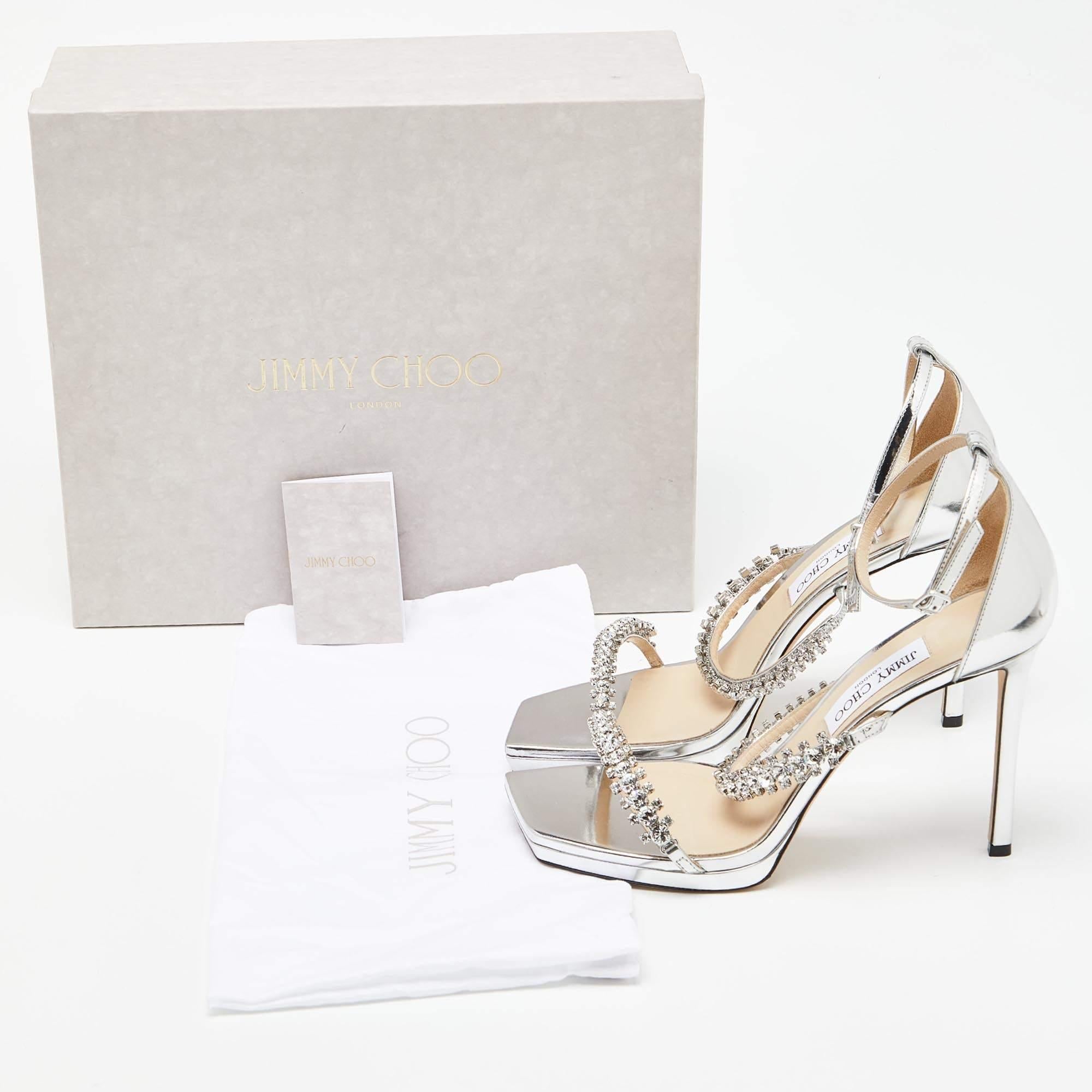 Jimmy Choo Silver Laminated Leather Crystal Embellished Ankle Strap Sandals Size For Sale 5