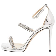 Jimmy Choo Silver Laminated Leather Crystal Embellished Ankle Strap Sandals Size