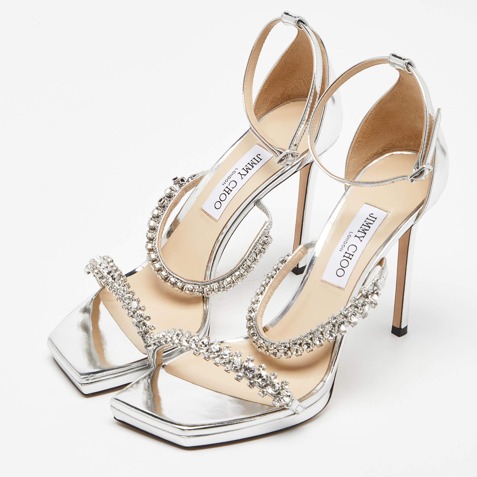 Jimmy Choo Silver Laminated Leather Embellished Ankle Strap Sandals Size 41 In Excellent Condition In Dubai, Al Qouz 2