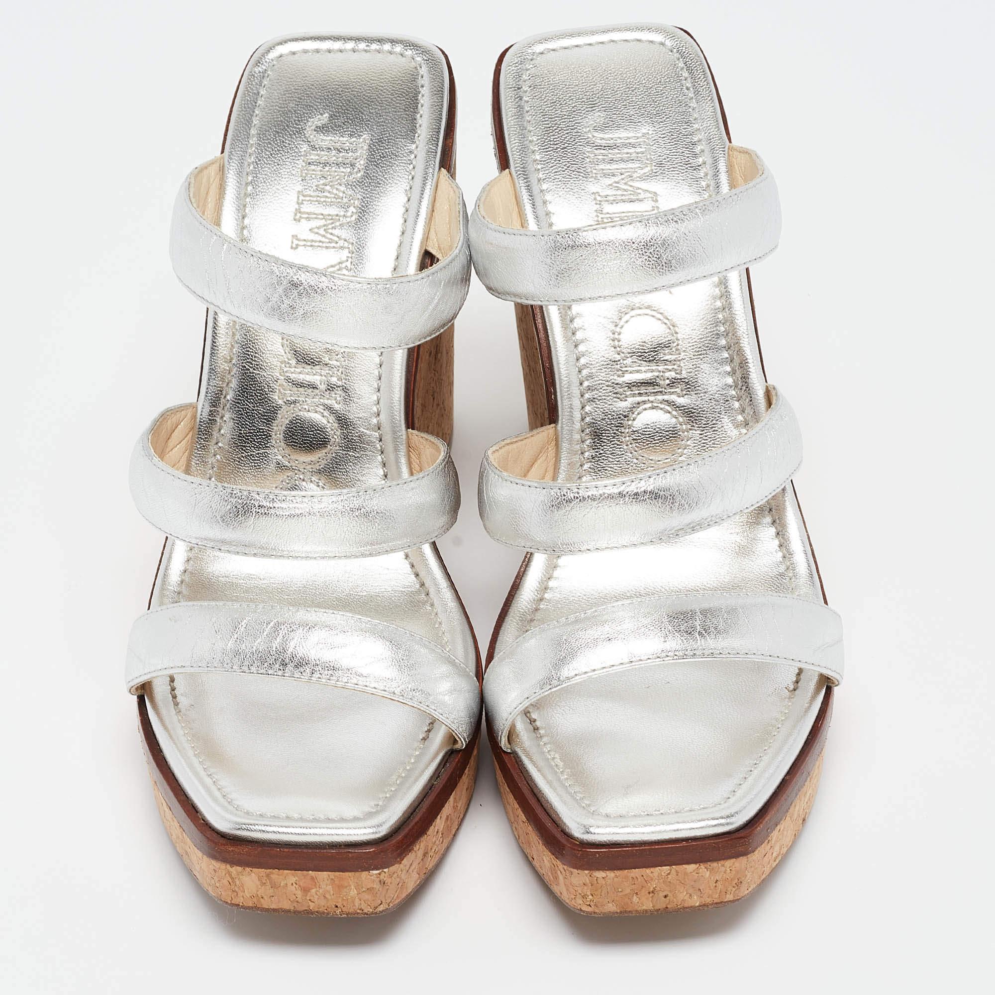 Brown Jimmy Choo Silver Leather Athenia Wedge Sandals Size 39